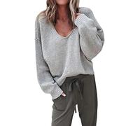 ShallGood Donna Maglione Maglia Maniche Lunghe Scollo A V Maglietta Pullover Casuale Elegante Sweatshirt Tops Allentato Oversize Morbidi Cachemire Grigio IT 42