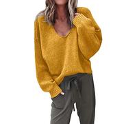 ShallGood Donna Maglione Maglia Maniche Lunghe Scollo A V Maglietta Pullover Casuale Elegante Sweatshirt Tops Allentato Oversize Morbidi Cachemire Giallo IT 40
