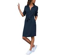 ShallGood Donna Vestito Eleganti Scollo A V Roll-Up Manica Lunga Casual Risvolto Camicia Vestito Ufficio Abiti Puro Colore Vintage Midi Sera Cocktail Dress Marina IT 48