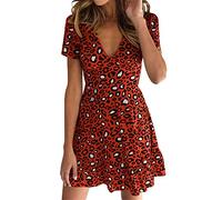ShallGood Mini Abito da Cocktail con Maniche Corte E Stampa Floreale Casual Stampa Leopardato Bodycon con Scollo a V Abiti da Spiaggia Rosso IT 44