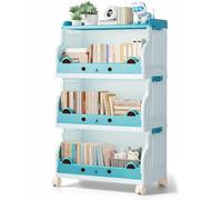 Shally Dogan Carrello Impilabile Portagiochi a 3 Livelli per Cameretta, Contenitore Organizer Portatutto con Ruote Salvaspazio, Libreria Scaffalatura per Bambini 53 x 31.5 x 93 cm (Azzurro)