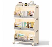 Shally Dogan Carrello Impilabile Portagiochi a 3 Livelli per Cameretta, Contenitore Organizer Portatutto con Ruote Salvaspazio, Libreria Scaffalatura per Bambini 53 x 31.5 x 93 cm (Beige)