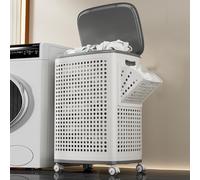 Shally Dogan Cesto Portabiancheria Bianco Traspirante Antiodore con 4 Ruote Piroettanti Facile da Spostare, Cesta Organizer per Bucato con Separatori in Plastica Anti Odore per Bagno, Camera da Letto
