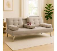 Shally Dogan Divano Letto Apertura Click Clack con Rivestimento in Tessuto, Divanoletto 2 in 1 Sistema Clic Clac, Struttura Legno e Gambe Metallo Cromato, Design Moderno per Soggiorno (Beige)