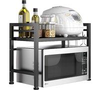Shally Dogan Mensola Salvaspazio Porta Microonde in Acciaio Allungabile, Scaffale da Cucina con Ripiano Portaspezie, Mobile Estensibile con Ganci e Piedini Antiscivolo, Design Moderno (Nero)