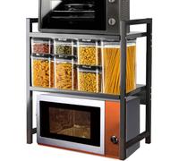 Shally Dogan Mensola Salvaspazio Porta Microonde in Acciaio, Scaffale da Cucina con Ripiano Portaspezie, Unità di Mensole a 2 Scomparti con Piedini Antiscivolo, Design Moderno (Nero + Nero)