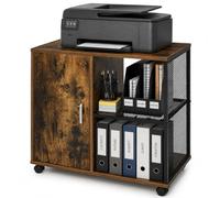 Shally Dogan Mobile Porta Stampante da Ufficio in Legno e Metallo con 3 Ripiani e 1 Anta, Mobiletto Design Industrial per Casa e Studio con Ruote Girevoli, Salvaspazio, 70 x 40 x 65.5 cm