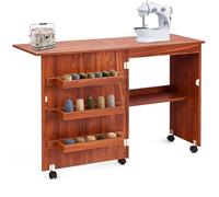 Shally Dogan Mobiletto per Macchina da Cucire Pieghevole con 5 Ruote Piroettanti, Tavolo da Cucito in Legno Richiudibile Salvaspazio, Asse da Stiro a Scomparsa, Tavolo Scrivania Multiuso (Ciliegio)
