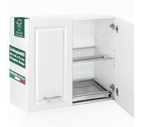 Shally Dogan Pensile Scolapiatti con Vassoio Salvagoccia da Cucina Design Boiserie, Mobile a Parete in Legno Resistente Armadio Sospeso con Due ante e Due Ripiani, 80 x 32 x 72H cm (Bianco)