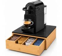 Shally Dogan Portacapsule Contenitore con Cassetto e Piano in Vetro Temperato Effetto Marmo, Portacialde Organizer da Cucina, Ufficio, Coffee Station con Struttura in Bambù 31,5 × 30 × 10 cm