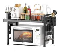 Shally Dogan Scaffalatura Estensibile Allungabile Porta Microonde in acciaio con Ripiano, Mensola Organizer con Portaspezie e Portaposate da Cucina, Mobiletto con Piedini Antiscivolo (Nero)