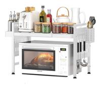 Shally Dogan Scaffalatura Estensibile Allungabile Porta Microonde in acciaio con Ripiano, Mensola Organizer con Portaspezie e Portaposate da Cucina, Mobiletto con Piedini Antiscivolo (Bianco)