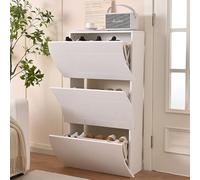 Shally Dogan Scarpiera Ondulata in Legno con Finitura Lucida Bianco, Porta Scarpe Salvaspazio con Ante a Ribalta Doppia Profondità, Portascarpe Slim per Ingresso, Cameretta, Soggiorno (3 Ante)