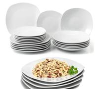 Shally Dogan Servizio di Piatti da Portata 18 Pezzi in Porcellana da Tavolo per 6 Persone, Set Composto da 6x Piatto Piano, 6x Fondo, 6x Dolce e Frutta, Design Moderno Liscio (Bianco Squadrato)