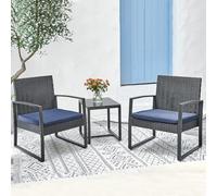 Shally Dogan Set 3 Pezzi da Giardino in Polyrattan con 2 Sedie e 1 Tavolino, Poltroncine da Esterno con Cuscini Imbottiti, Poltrone e Tavolo Lounge Ideale Patio, Terrazzo, Bistrot (Nero e Blu)