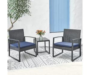 Shally Dogan Set 3 Pezzi da Giardino in Polyrattan con 2 Sedie e 1 Tavolino, Poltroncine da Esterno con Cuscini Imbottiti, Poltrone e Tavolo Lounge Ideale Patio, Terrazzo, Bistrot (Nero e Blu)
