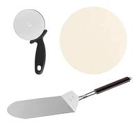 Shally Dogan Set 3 Pezzi per Pizza con Pala in Acciaio Inox Pieghevole e Manico in Legno, Tagliapizza Lama Rotonda e Pietra Refrattaria, Cottura Fino 800°C per Forni Fornelli Griglie a Carbone e Gas
