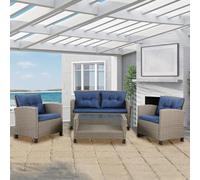 Shally Dogan Set 4 Posti in Rattan da Giardino con Tavolo Basso Piano in Vetro + 1 Divano a 2 Posti + 2 Poltrone, Cuscini Morbidi e Seduta Comoda, Mobili Salotto per Esterno, Terrazzo (Tortora)