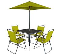 Shally Dogan Set 6 Pezzi da Pranzo per Giardino con Ombrellone, 4 Sedie Pieghevoli e 1 Tavolo con Ripiano in Vetro Temperato, Resistente Raggi UV, Arredamento per Esterno, Patio, Terrazzo (Verde)