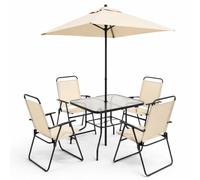 Shally Dogan Set 6 Pezzi da Pranzo per Giardino con Ombrellone, 4 Sedie Pieghevoli e 1 Tavolo con Ripiano in Vetro Temperato, Resistente Raggi UV, Arredamento Esterno, Patio, Terrazzo (Beige)