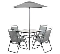 Shally Dogan Set 6 Pezzi da Pranzo per Giardino con Ombrellone, 4 Sedie Pieghevoli e 1 Tavolo con Ripiano in Vetro Temperato, Resistente Raggi UV, Arredamento per Esterno, Patio, Terrazzo (Grigio)