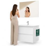 Shally Dogan Set Completo Mobile da Bagno Sospeso con Specchio, Mobiletto Bianco a Parete con Due Cassetti Modello Otranto, Lavabo in Ceramica e Rubinetteria Inclusi, Mobiletto da Muro 81 x 46 x 50 cm