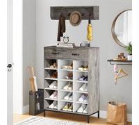 Shally Dogan Set Ingresso con Scarpiera e Appendiabiti da Parete, Mobile Portascarpe Autoportante con 1 Cassetto e Organizer 15 Scomparti, Attaccapanni a Muro con 5 Ganci, Corridoio, Bagno (Grigio)