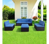 Shally Dogan Set Salotto 4 Pezzi da Giardino in Polyrattan con Pouf e Divano, Arredamento da Esterno a 5 Posti e Morbidissimi Cuscini, Salottino Terrazzo Resistente alle Intemperie (Blu)