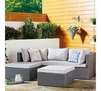 Shally Dogan Set Salotto da Giardino in Polyrattan con Pouf e Divano, Arredamento da Esterno a 5 Posti e Morbidissimi Cuscini, Salottino Terrazzo Resistente alle Intemperie (Grigio Chiaro)