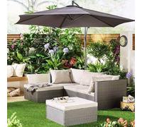 Shally Dogan Set Salotto da Giardino in Polyrattan con Pouf e Divano, Arredamento da Esterno a 5 Posti e Morbidissimi Cuscini, Salottino Terrazzo Resistente alle Intemperie (Beige)