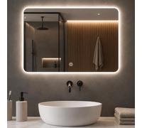 Shally Dogan Specchio Rettangolare da Parete con Led Dimmerabile a 3 Colori, Bianco Freddo, Caldo e Naturale, Accensione con Touch, Decorazione da Muro Design Moderno e Salvaspazio, 70 x 50 cm