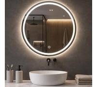 Shally Dogan Specchio Tondo da Parete con Led Dimmerabile a 3 Colori, Bianco Freddo, Caldo e Naturale, Accensione con Touch, Decorazione da Muro Design Moderno e Salvaspazio