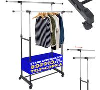 Shally Dogan Stand Appendiabiti in Acciaio con Ruote Girevoli a 360°, Attaccapanni Regolabile da Terra, Autoportante, Portabiti Organizzatore Vestiti, Ideale Negozio, Casa, Hotel (Doppio Telescopico)