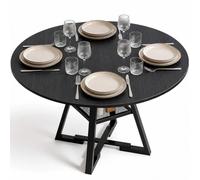 Shally Dogan Tavolo Rotondo per Sala da Pranzo e Cucina Diametro 120cm, Gambe in Metallo con Ripiano Portaoggetti Inferiore e Piano in Legno, Ideale per Casa e Ufficio, Nero