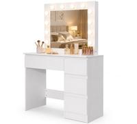 Shally Dogan Toeletta Trucco Bianca con Specchio e 12 Luci LED, 3 Cassetti, Postazione Makeup in Legno Design Minimal, Ideale per Interni, Casa, Camera da Letto, Cameretta 94 x 43 x 140 cm