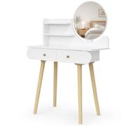 Shally Dogan Toeletta Trucco Bianca con Specchio Rotondo, Cassetti e Scomparti, Postazione Makeup in Legno Design Minimal, Ideale per Interni, Casa, Camera da Letto, Cameretta 80 x 40 x 122 cm