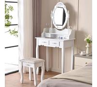 Shally Dogan Toeletta Trucco con Sgabello Modello Elena con 10 Lampade Led, Specchiera con Tavolo e Cassetti in Legno Bianco, Seduta Comoda Imbottita, Specchio Postazione Make Up, Luce Fredda e Calda