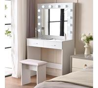 Shally Dogan Toeletta Trucco con Sgabello Modello Ofelia con 12 Lampade Led, Specchiera con Tavolo e Cassetti in Legno Bianco, Seduta Comoda Imbottita, Specchio Postazione Make Up, Luce Fredda e Calda