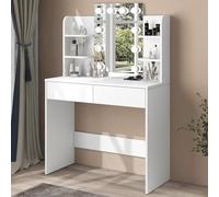 Shally Dogan Toeletta Trucco Modello Hollywood con 10 Lampade Led, Specchiera con Tavolo, 6 Ripiani e 2 Cassetti in Legno, Specchio Postazione Make Up, Luce USB Illuminazione Regolabile Fredda Calda