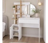 Shally Dogan Toletta Trucco con Specchio Rotondo e Mensole, Postazione Make Up Salvaspazio con Struttura in Legno Resistente, Ideale per Camera da Letto 105 x 35 x 151 cm (Bianco e Quercia)