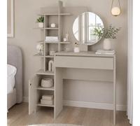 Shally Dogan Toletta Trucco con Specchio Rotondo e Mensole, Postazione Make Up Salvaspazio con Struttura in Legno Resistente, Ideale per Camera da Letto 105 x 35 x 151 cm (Sabbia)