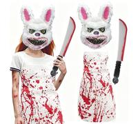 shallyong Maschera Coniglio Horror, Maschera da Coniglio Spaventoso, con Grembiule Insanguinato, Coltello Finto Halloween, Maschera Halloween Horror, per Carnevale, Cosplay, Mascherata