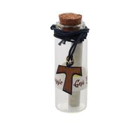 SHALOM - Bottiglietta In Vetro Con Messaggio Da Gesù Eucarestia Per La Prima Comunione Con Ciondolo Tau In Ulivo. Dimensioni 2x6,5 Cm