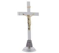 SHALOM - Croce da Altare in Ottone Nichelato con Base dei 12 Apostoli - Altezza 46 Cm