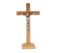 SHALOM - Crocifisso in Legno D'ulivo E Corpo in Metallo con Base. Altezza 18,5 Cm