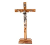 SHALOM - Crocifisso in Legno D'ulivo E Corpo in Metallo con Base. Altezza 23 Cm