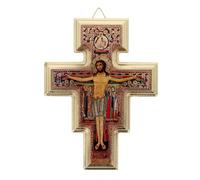 SHALOM - Crocifisso San Damiano in Legno con Bordatura in Oro. Altezza 15,4 Cm