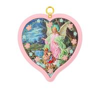 SHALOM - Sopraculla in Polimero A Cuore con Cartoncino Preghiera Angelo di Dio. Soggetto Angelo Custode, Rosa. Dimensioni 13x13 Cm