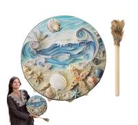 Shamanic Drum - Wood Leather 25cm Round Build, Sea Wave Shell Music Drum, Adult Percussion Instrument | Meditation Ritual For Drumstick Included Shamanic Drums Handmade Hand Spiritual Practices