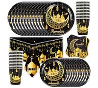 Shamoparty Eid al-Fitr, 73 pezzi Ramadan Eid Mubarak, stoviglie per feste a tema Ramadan, accessori per feste, piatti da 9", tazze, tovaglioli, tovaglia per 24 ospiti [oro nero]], MX044-B